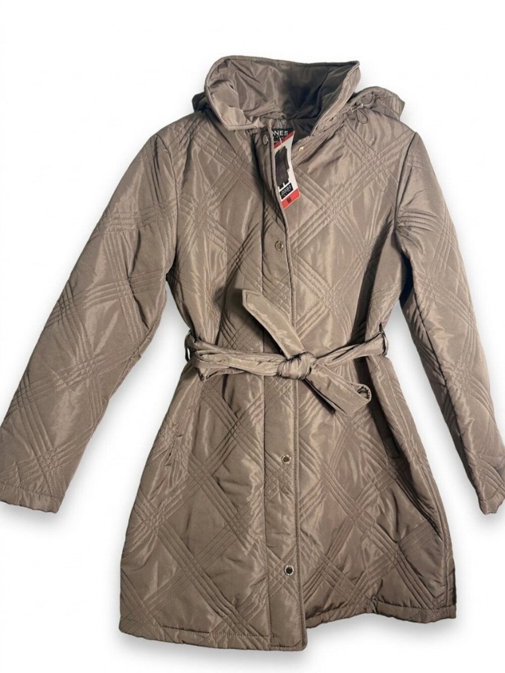 Jones New York Quilted Belted Hooded Coat Taupe Brown Women's Medium NWT